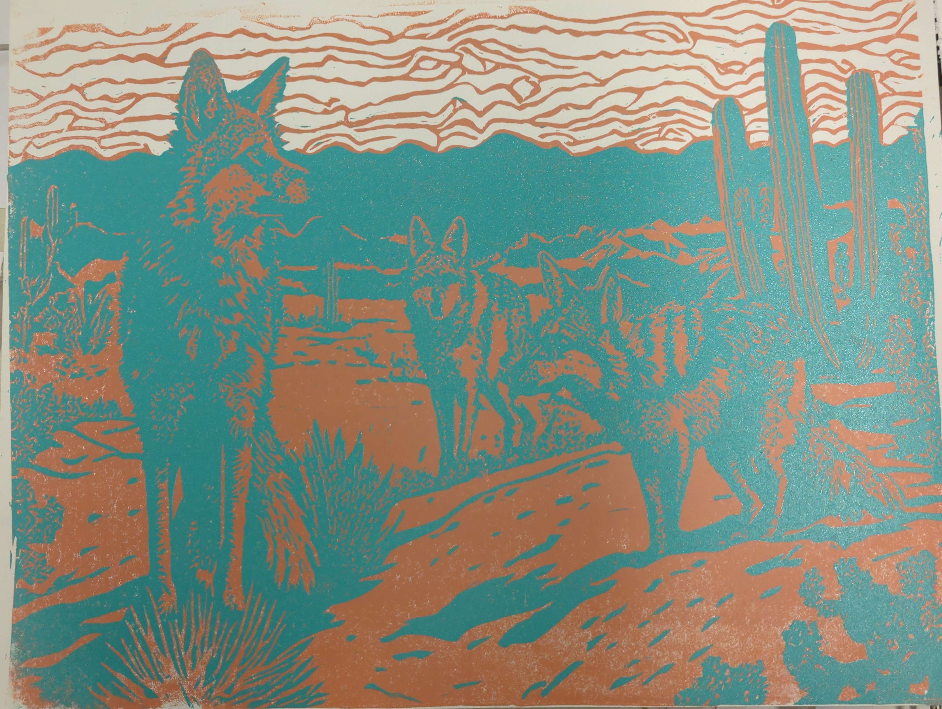 step 2 of linocut wolf art blue