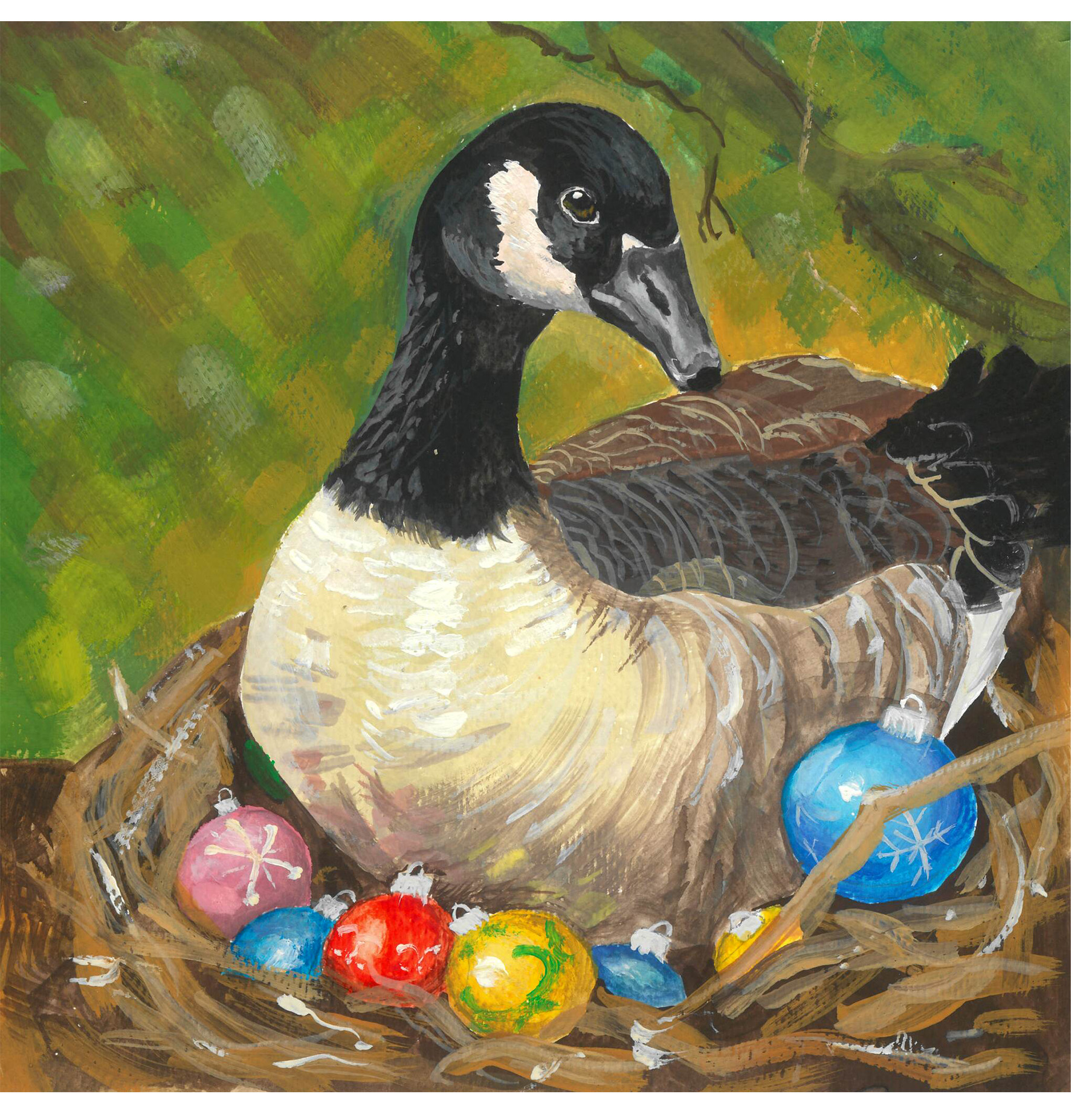 painting in acrylic of canadian goose sitting on christmas ornaments