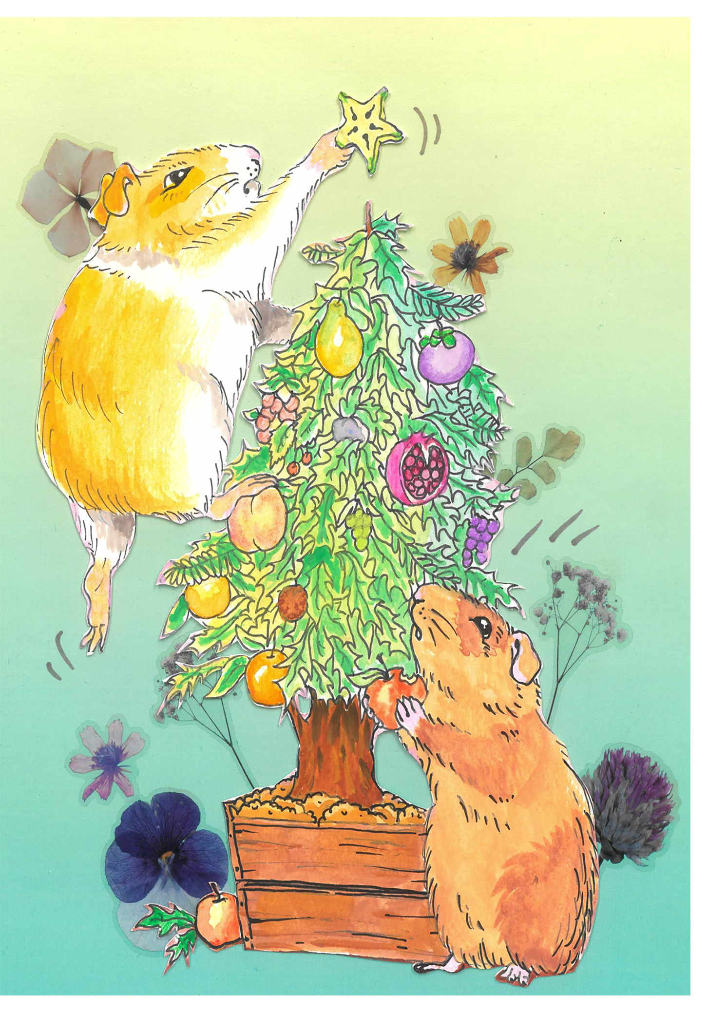 colorful illustration of guinea pigs putting fruit on top the christmas tree