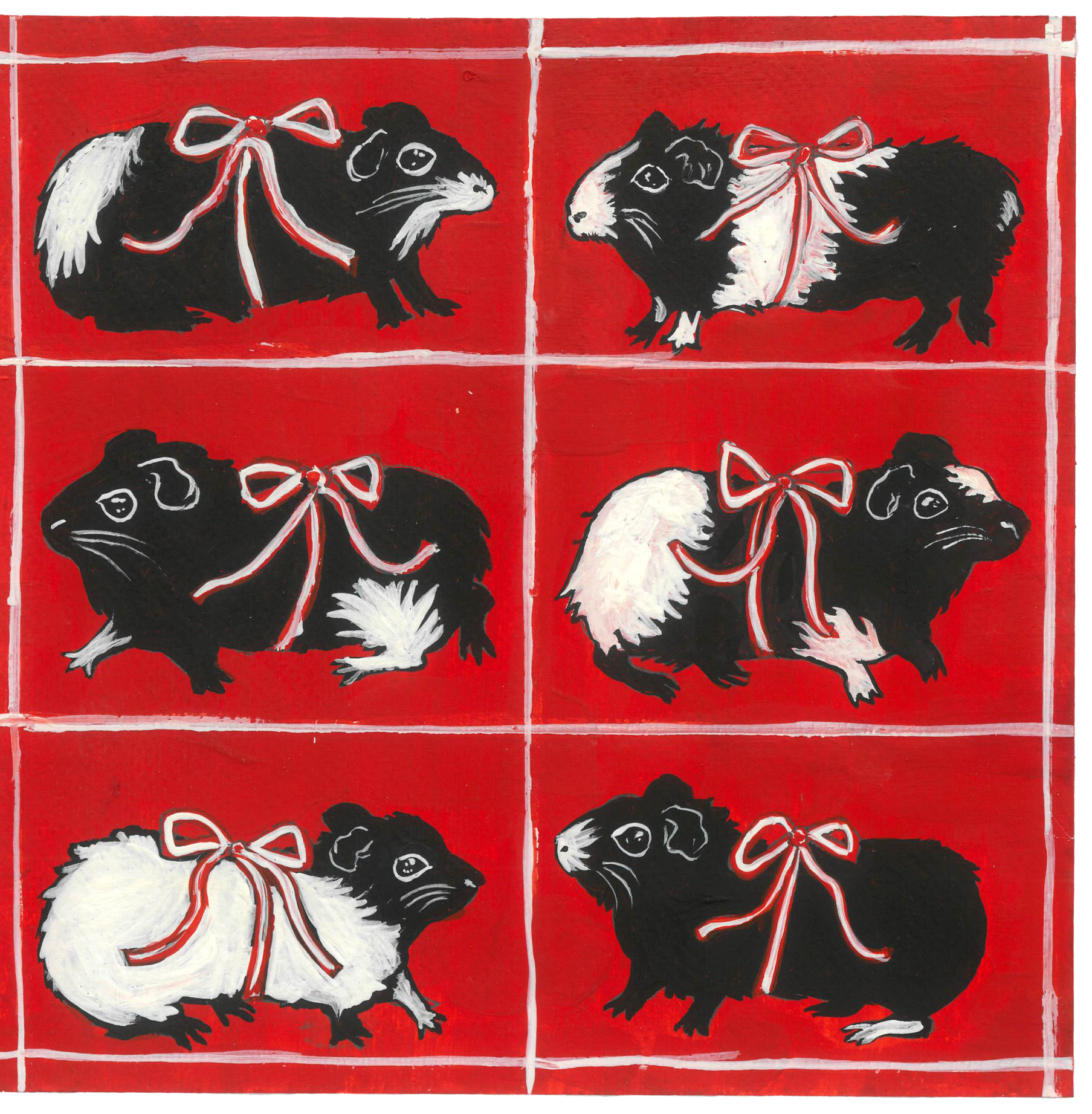 red black white painting of guinea pigs with bows festive